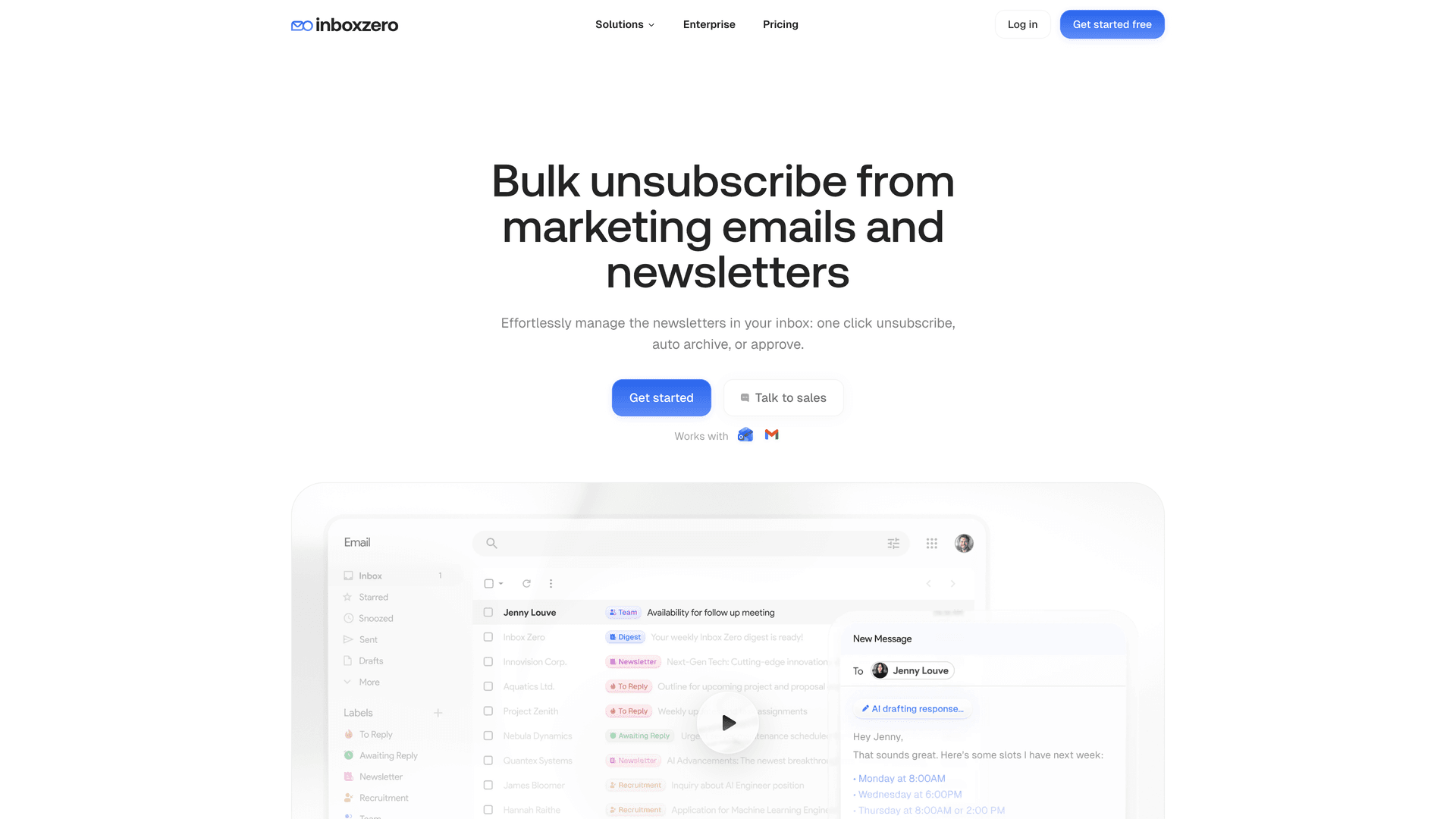 Inbox Zero bulk unsubscriber page with one-click controls to unsubscribe, auto archive, or approve marketing emails