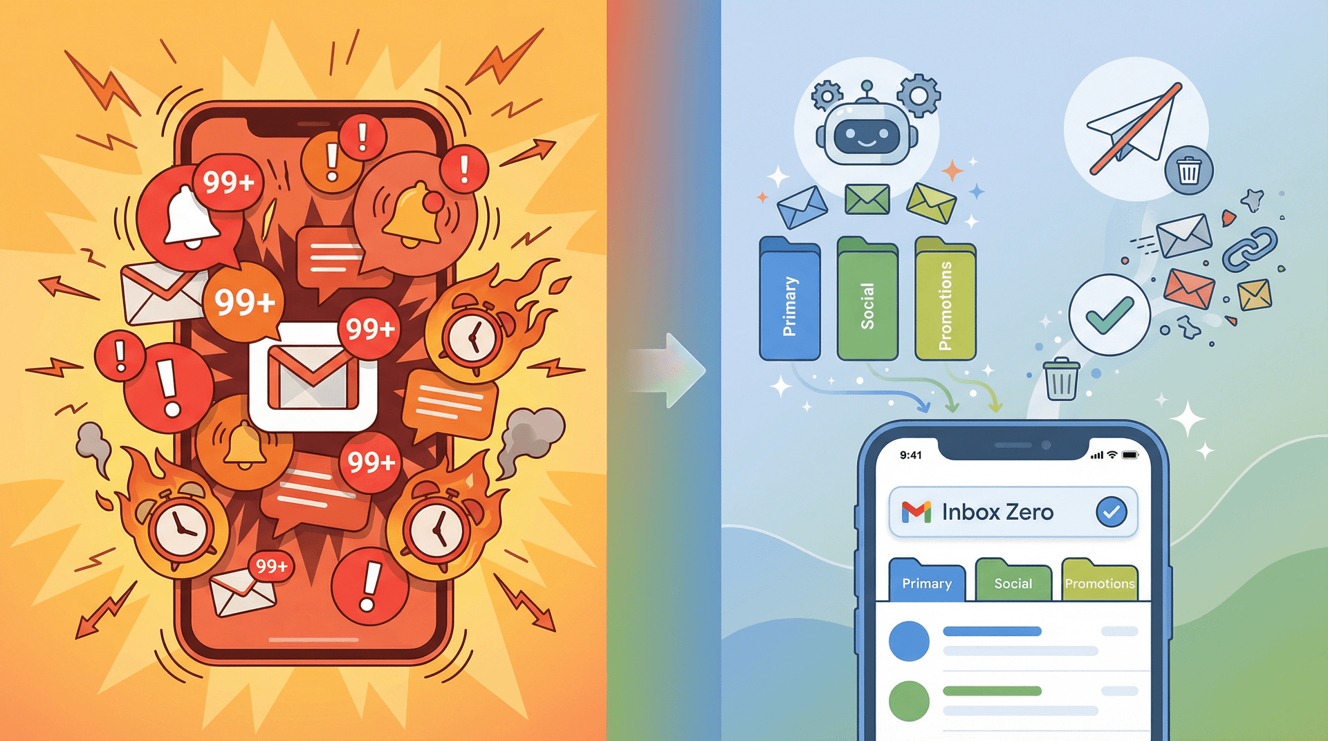 Visual journey from notification chaos to organized email management showing the transition from alert overload to calm inbox control