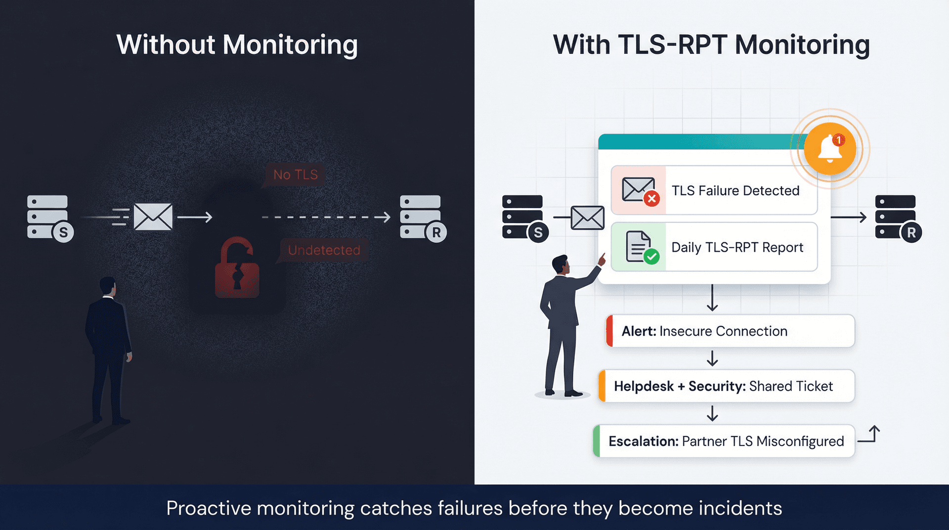 Split editorial illustration showing unmonitored email paths with silent TLS failures on the left versus a monitored environment with TLS-RPT alerts and escalation paths on the right
