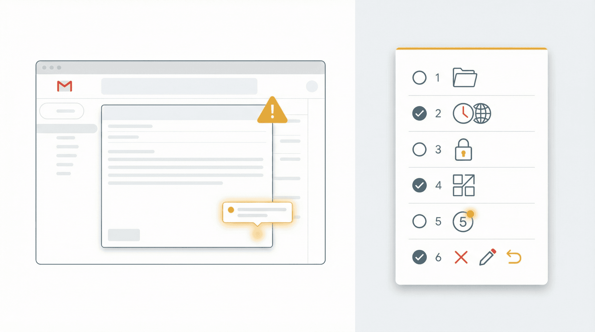 Illustrated Gmail scheduling troubleshooting checklist showing six diagnostic steps to fix scheduled email issues