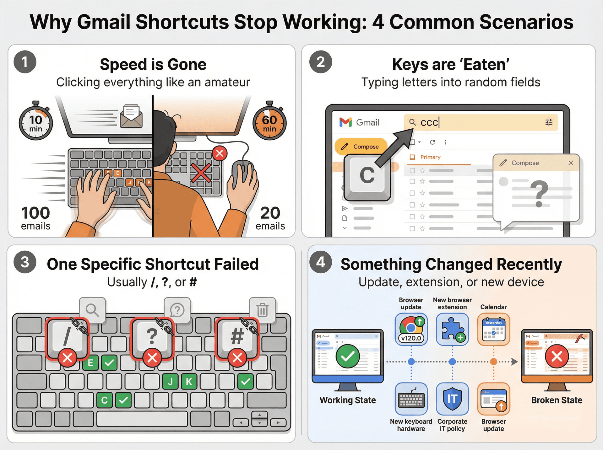 Four-panel diagnostic grid showing common Gmail shortcut failure scenarios: lost speed, eaten keystrokes, specific failures, and recent changes