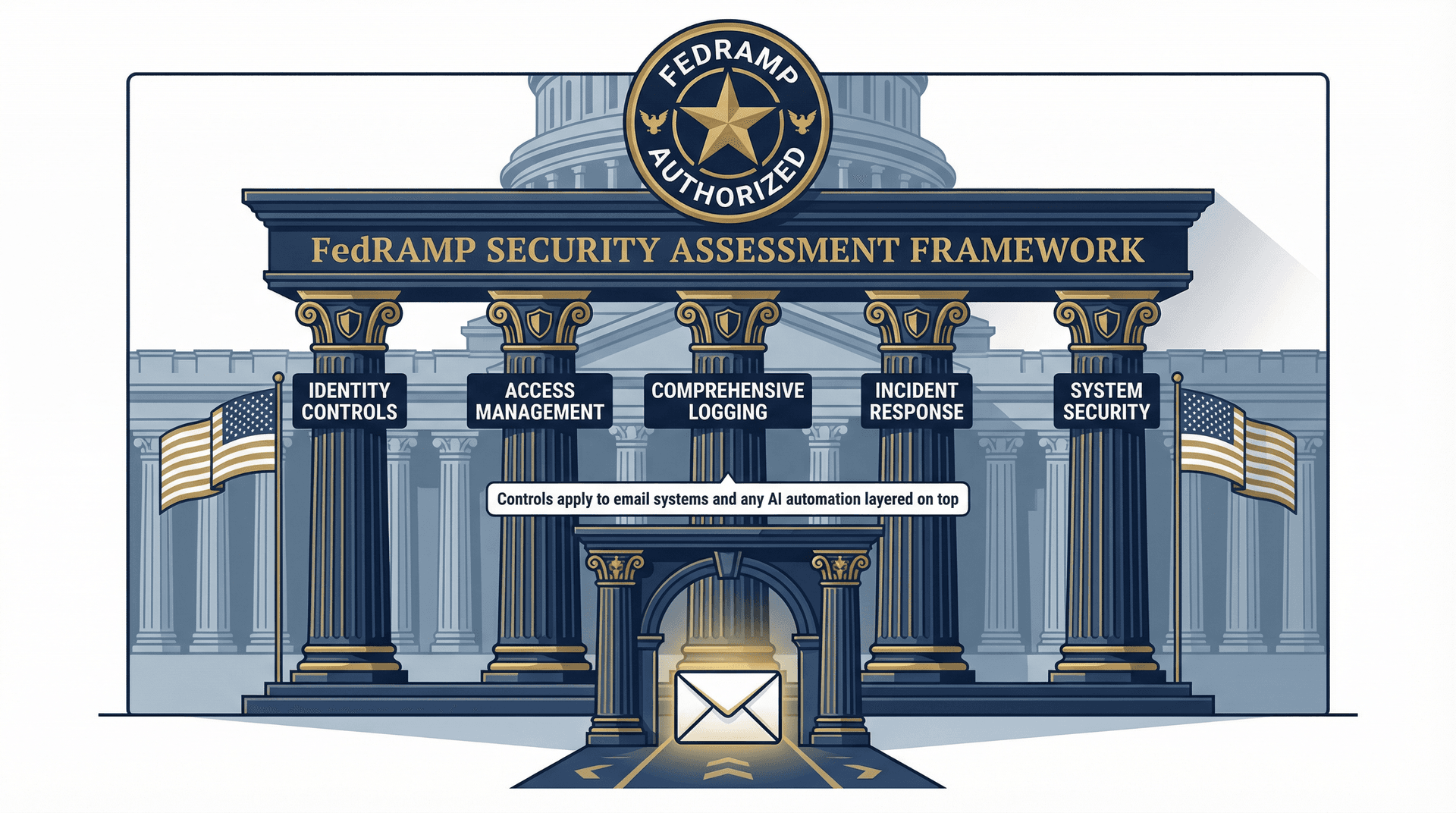 FedRAMP compliance gateway illustration showing five NIST 800-53 security control pillars government contractors must satisfy for email systems